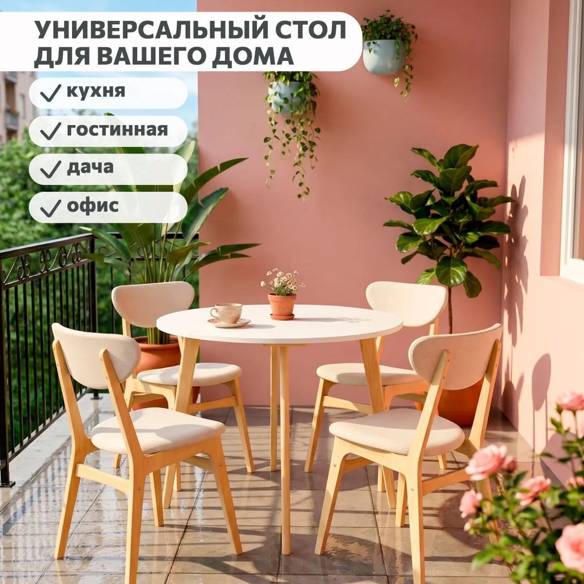 Стол кухонный раздвижной круглый Белый/дерево 13