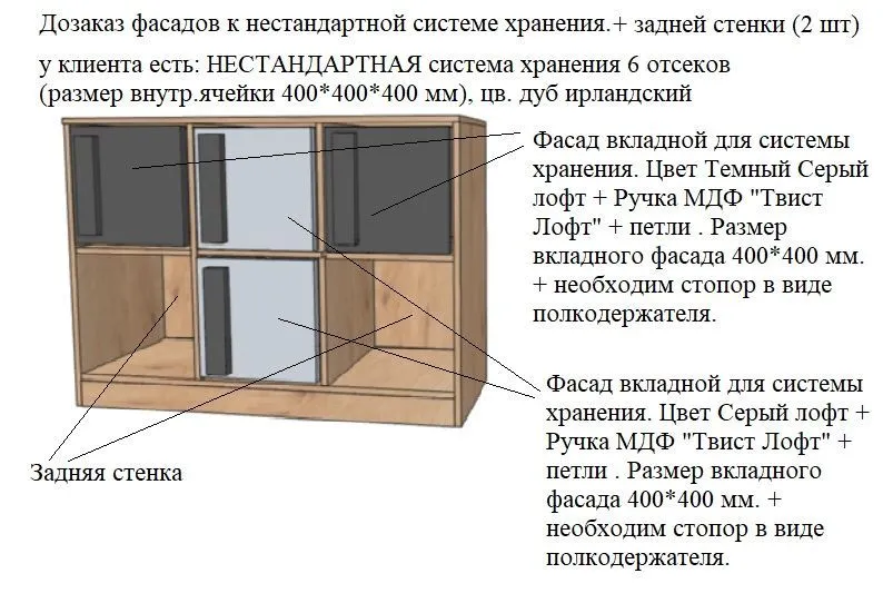 Фасад вкладной для системы хранения. Цвет Темный Серый лофт + Ручка МДФ "Твист Лофт" + петли . Размер вкладного фасада 400*400 мм. + необходим стопор в виде полкодержателя.