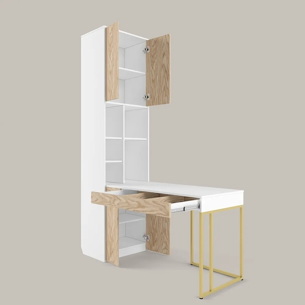 Стол со стеллажом угловой Тури Белый Золото 2