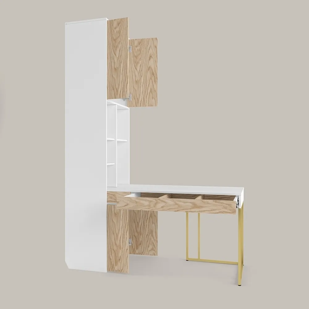 Стол со стеллажом угловой Тури Белый Золото 4
