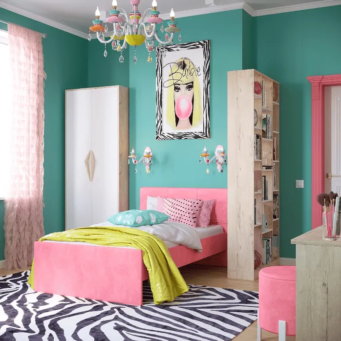 Яркая детская комната с розовой кроватью, белым шкафом, деревянным стеллажом и зелеными стенами