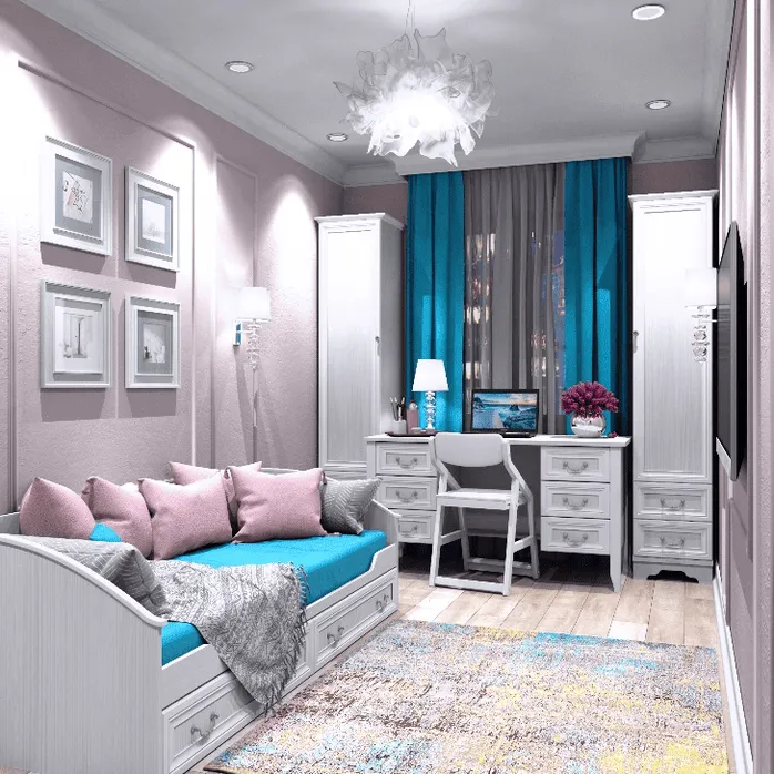 Детская комната с диваном-кроватью, двумя белыми шкафами и письменным столом у окна с бирюзовыми шторами