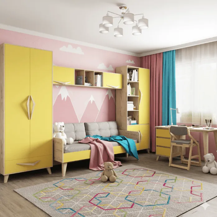 Детская комната с желтым шкафом, диваном-кроватью и письменным столом «Робин Лайт» на фоне розовых стен