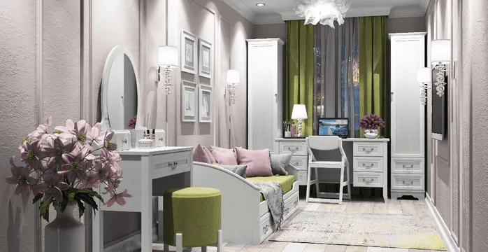 Классическая детская комната с белой мебелью: диваном-кроватью, туалетным столиком и двумя шкафами