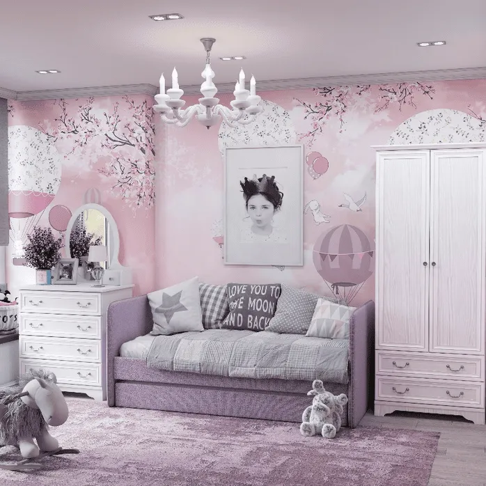Розовая детская комната в стиле «Мишель Галатея» с фиолетовым диваном-кроватью, туалетным столиком и белым шкафом