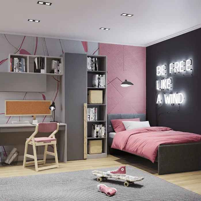 Современная детская комната с черной стеной, неоновой надписью, кроватью и рабочей зоной