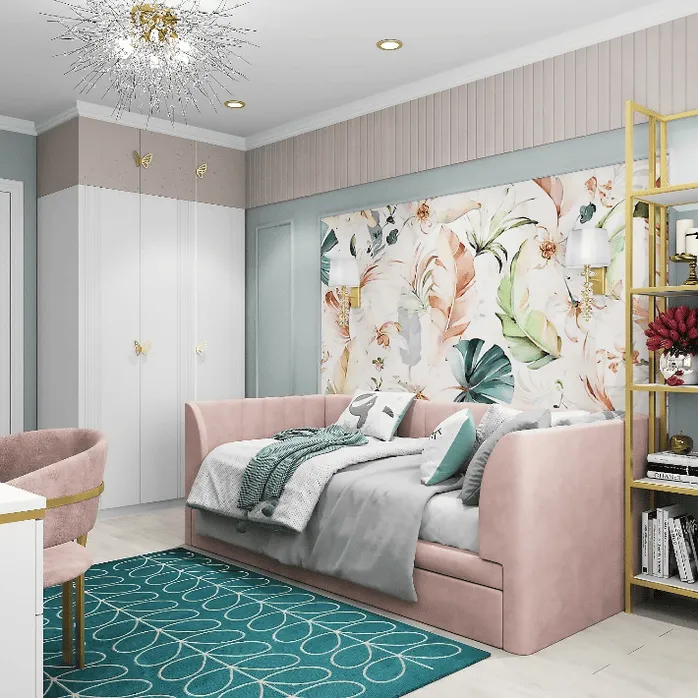 Розовая мягкая кровать «Айрис» Барби в комнате с цветочными обоями и золотой мебелью