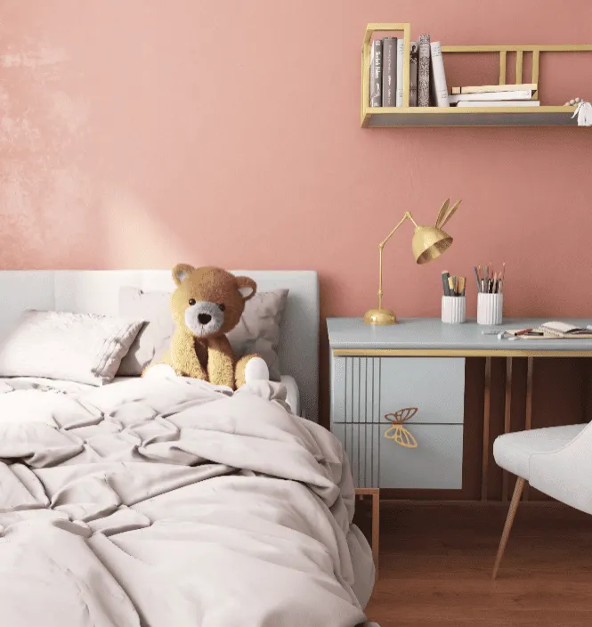 Спальня с розовой стеной, белой кроватью и письменным столом «Мишель Фрост» с бабочками