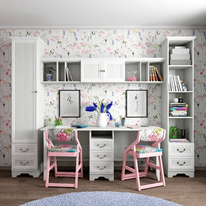 Двухместный рабочий уголок с белым столом «Робин Лайт», розовыми стульями и цветочными обоями