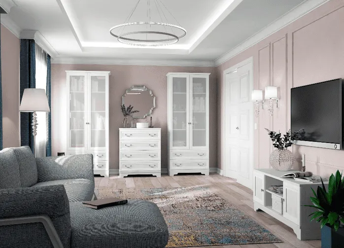 Гостиная или детская комната в классическом стиле с белой корпусной мебелью, диваном и телевизором