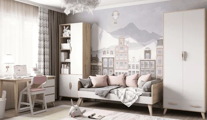 Детская комната с диваном-кроватью, шкафом и книжным стеллажем на фоне обоев с городским пейзажем