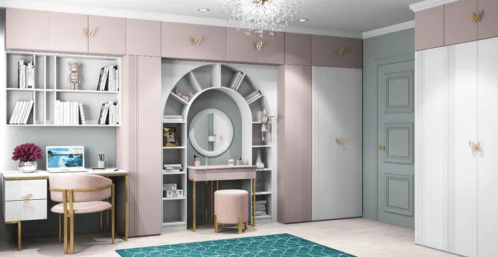 Комплект мебели «Мишель Фрост»: пудровый шкаф, туалетный столик с зеркалом в арке и золотые ручки-бабочки