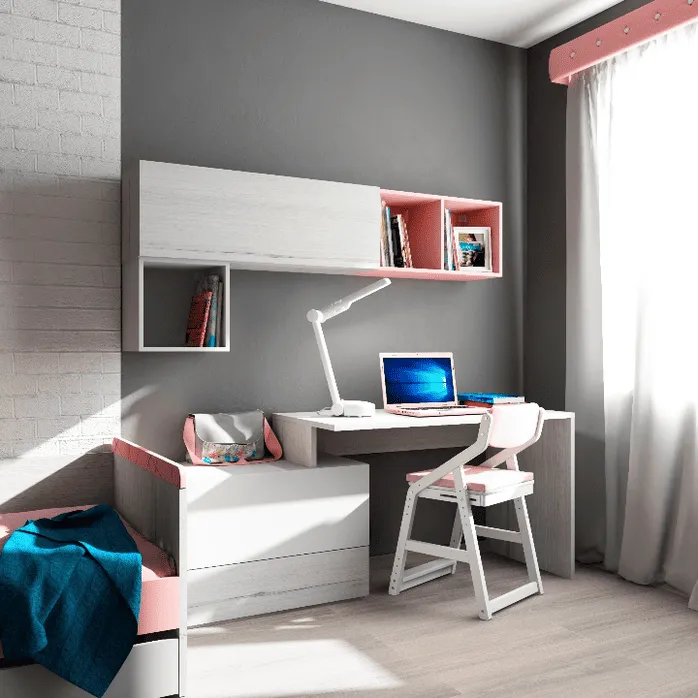 Угловая рабочая зона с письменным столом «Робин Лайт», розовыми полками и стулом в современной детской