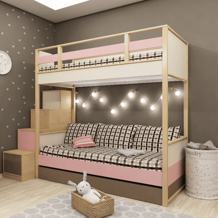 Двухъярусная кровать «Робин Лайт» с нижним диваном, розовой отделкой и гирляндой над спальным местом